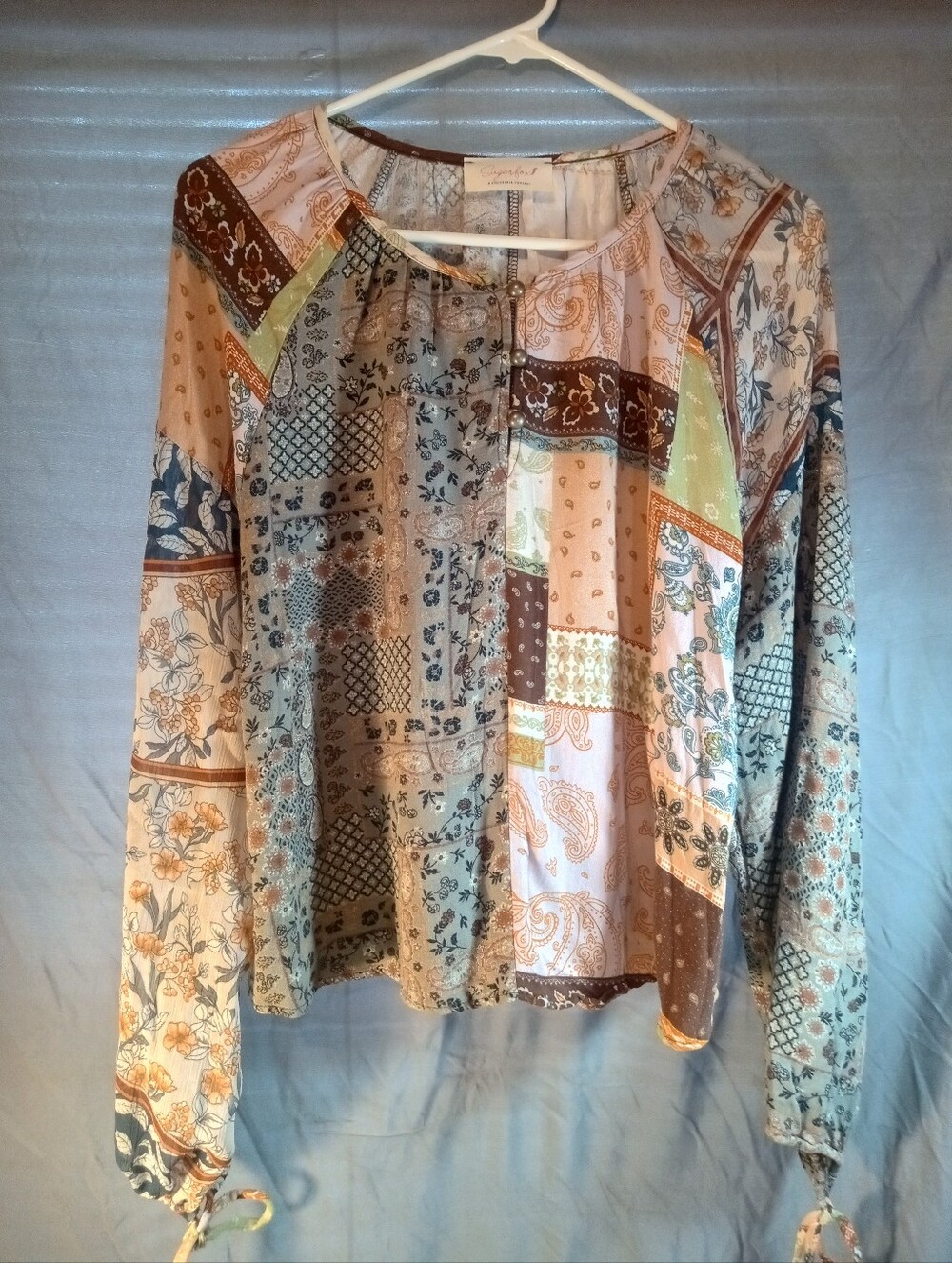 Sugarfox Patchwork Paisley Long Sleeve Blouse in Soft Neutrals